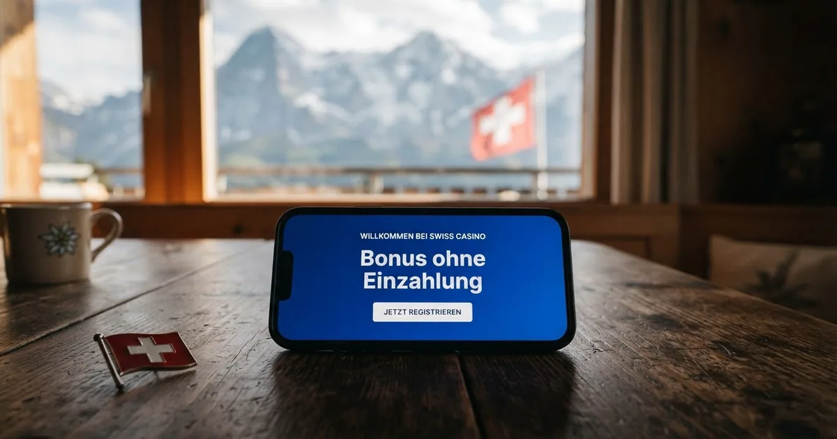 Schweizer Flagge und Smartphone mit geöffneter Casino-App, auf dem Bildschirm ein Willkommensbildschirm mit «Bonus ohne Einzahlung», im Hintergrund angedeutete Schweizer Alpen