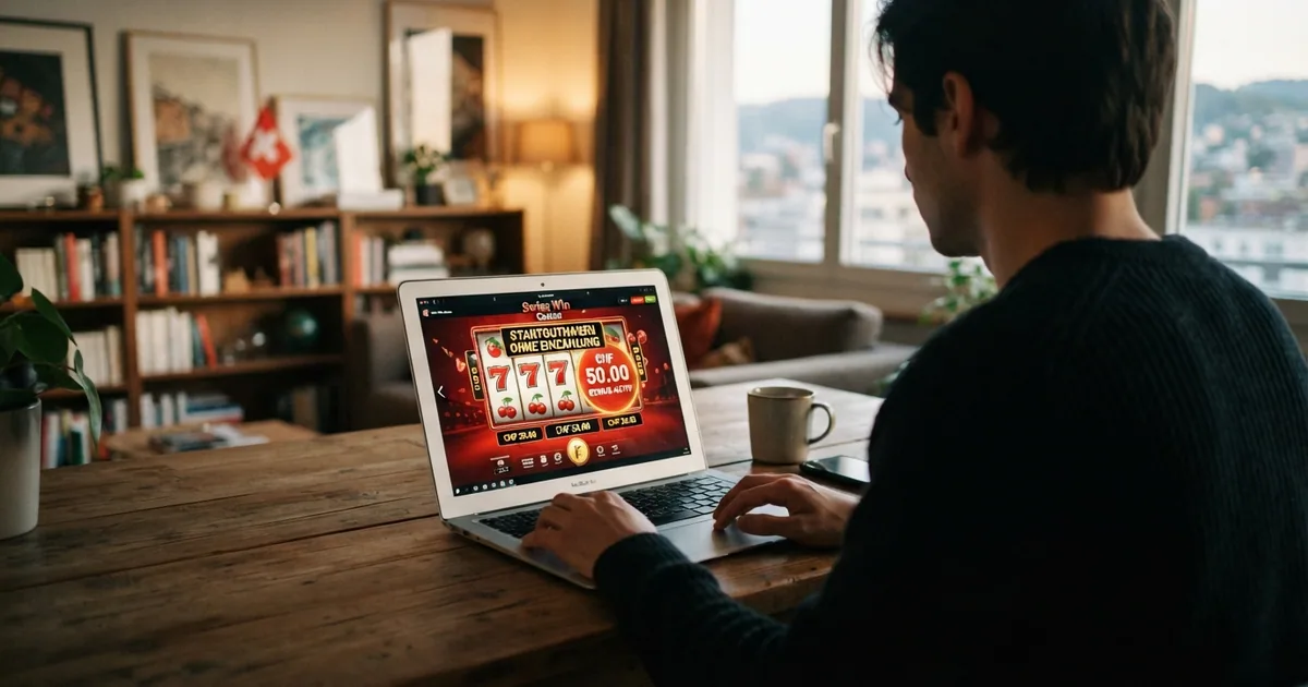 Bildschirm eines Schweizer Online-Casinos mit hervorgehobenem Willkommensbonus und CHF-Währung