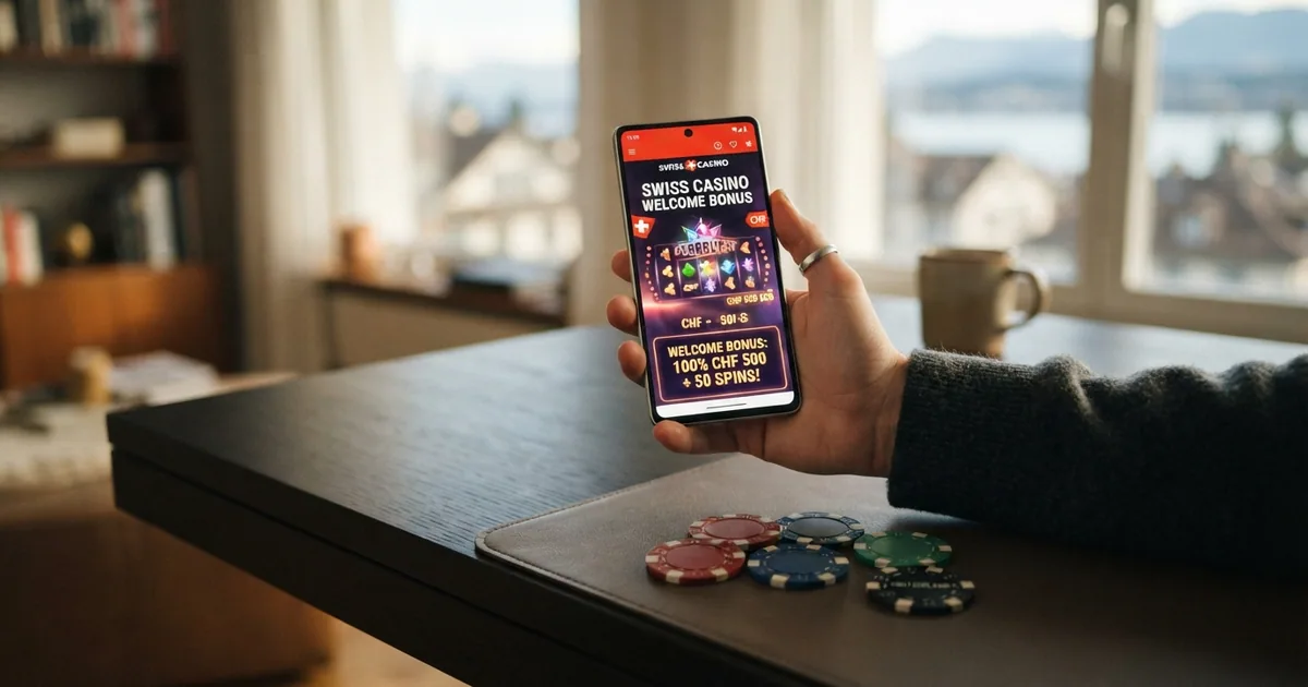 Eine illustrative Übersicht mit Spielkarten, Schweizer Franken-Noten und einem Tablet, das eine Online-Casino-Oberfläche zeigt