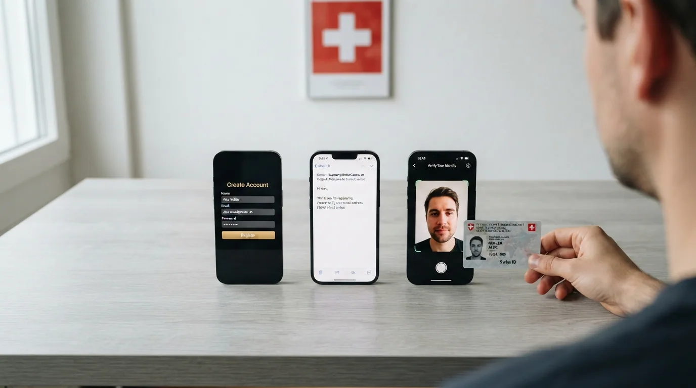 Drei aufeinanderfolgende Bildschirmmasken: Konto-Registrierung, E-Mail-Bestätigung und Identitätsverifikation mit Schweizer Ausweis