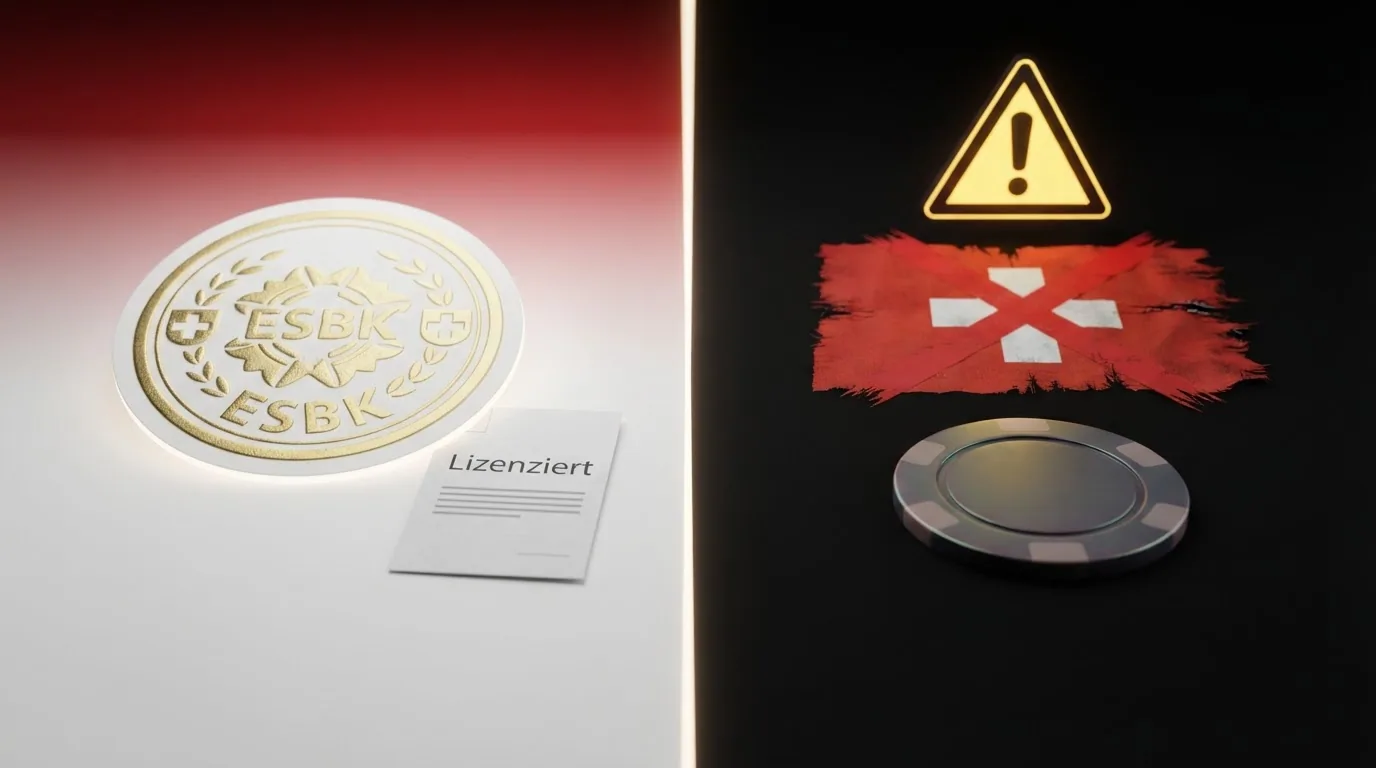 Gegenüberstellung: linke Seite mit ESBK-Logo, Schweizer Flagge und Schutzsymbolen, rechte Seite mit durchgestrichenem Schweizer Kreuz und Offshore-Warnsymbol