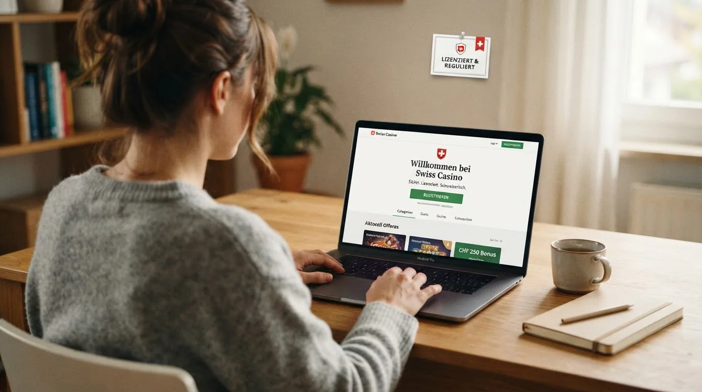 Schweizer Spielerin am Laptop, entspannte Körperhaltung, im Hintergrund ein Zertifikat-Symbol