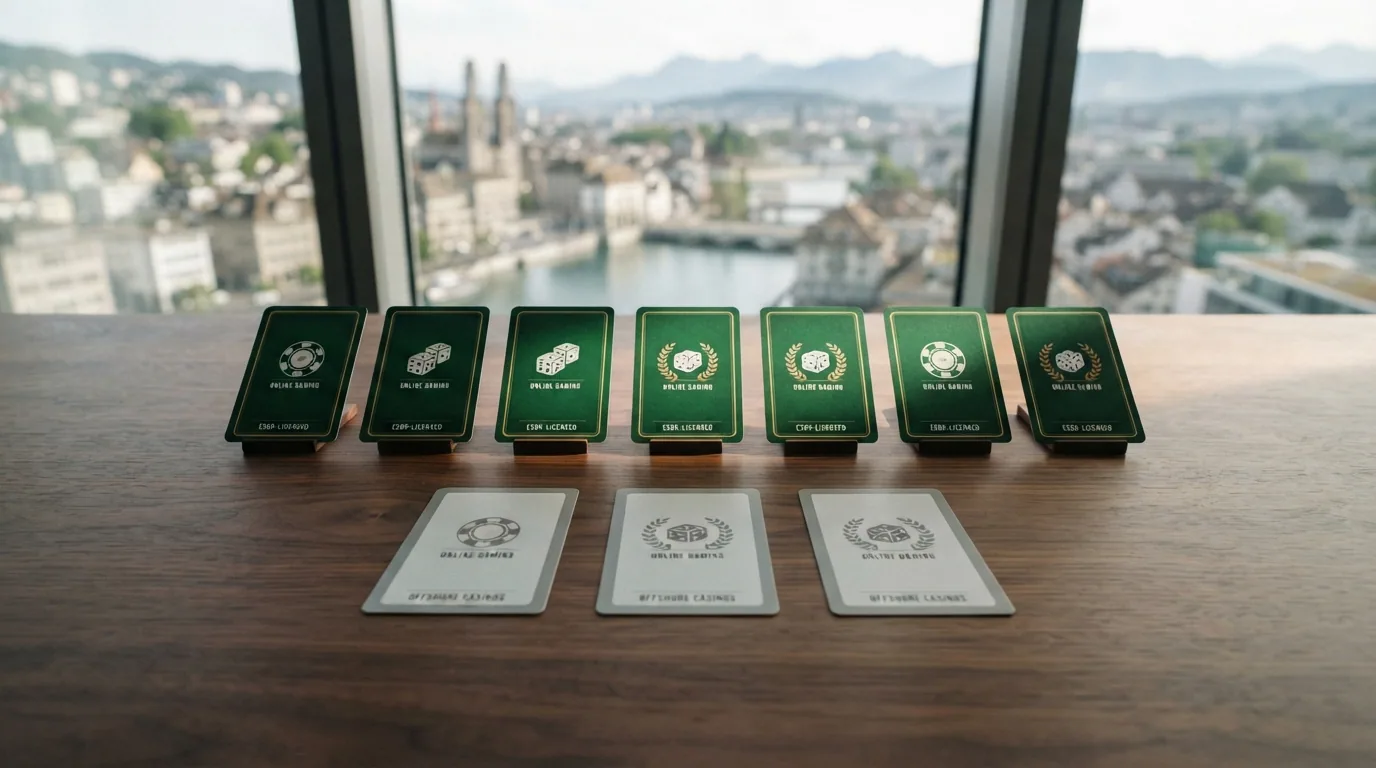 Zehn Casino-Logos in einer übersichtlichen Anordnung, farblich getrennt nach ESBK-lizenziert (grüner Rahmen) und Offshore (grauer Rahmen)
