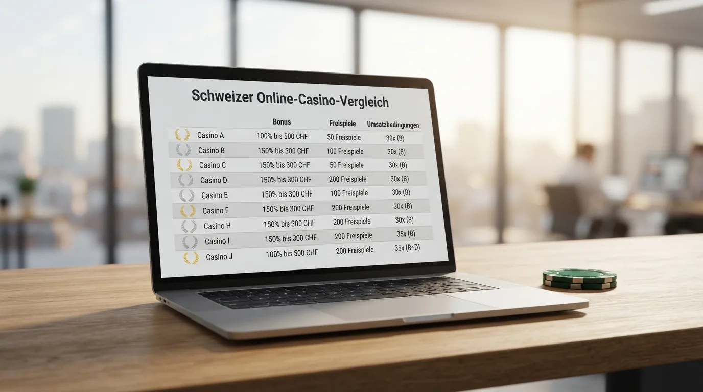 Die Logos der zehn geprüften Online-Casinos in einer Vergleichstabelle mit Schweizer Lizenz-Siegel