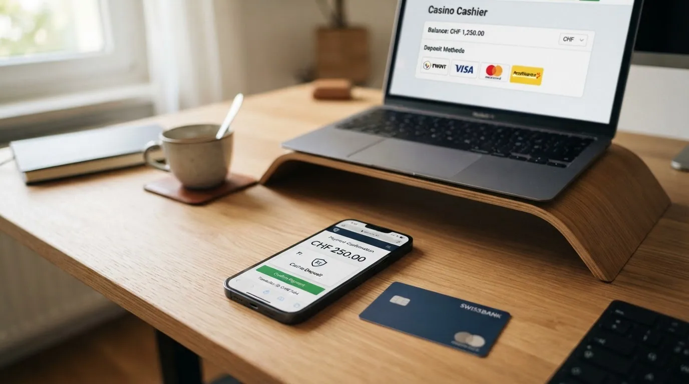 Ein Smartphone mit geöffneter TWINT-App und eine PostFinance-Karte, im Hintergrund ein Casino-Bonus-Screen
