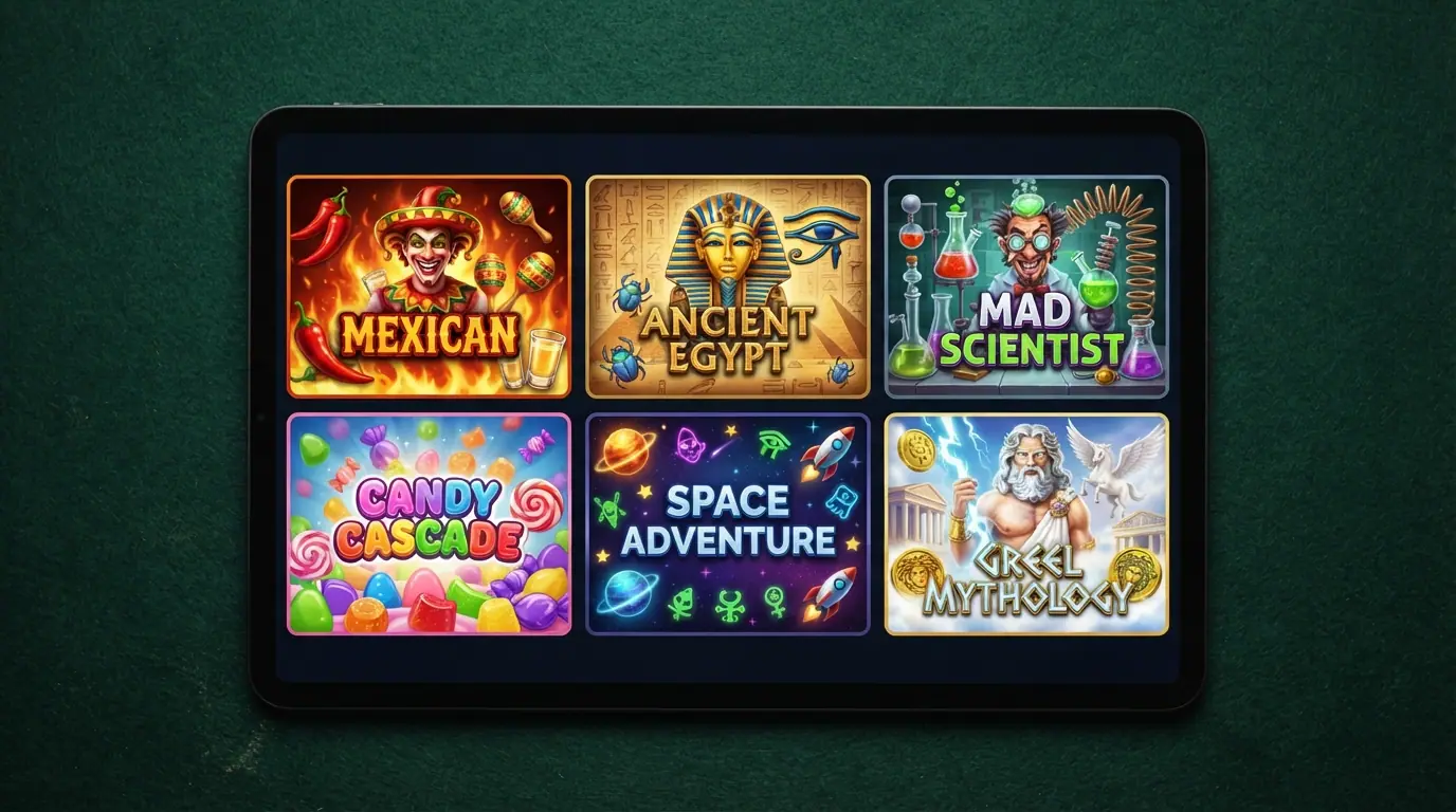 Sechs Slot-Kacheln nebeneinander: Chilli Joker, Book of Dead, Tome of Madness, Sweet Bonanza, Starburst und Gates of Olympus