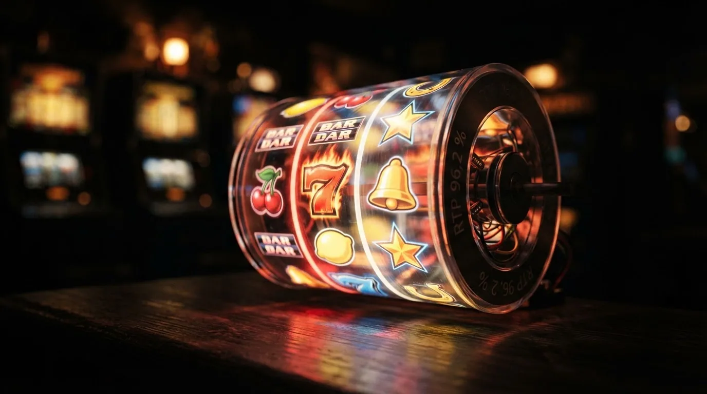 Eine Slot-Walze mit Buchsymbolen aus Book of Dead und farbigen Juwelen aus Starburst, davor eine Anzeige mit «RTP 96,2 %»
