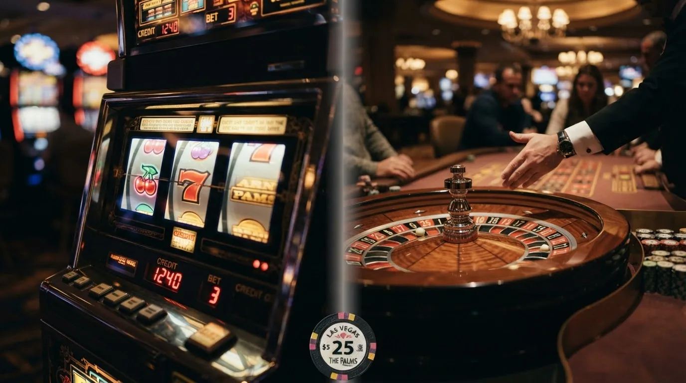 Ein geteiltes Bild: links ein Slot-Automat mit leuchtenden Walzen, rechts ein Roulette-Kessel mit Live-Dealer
