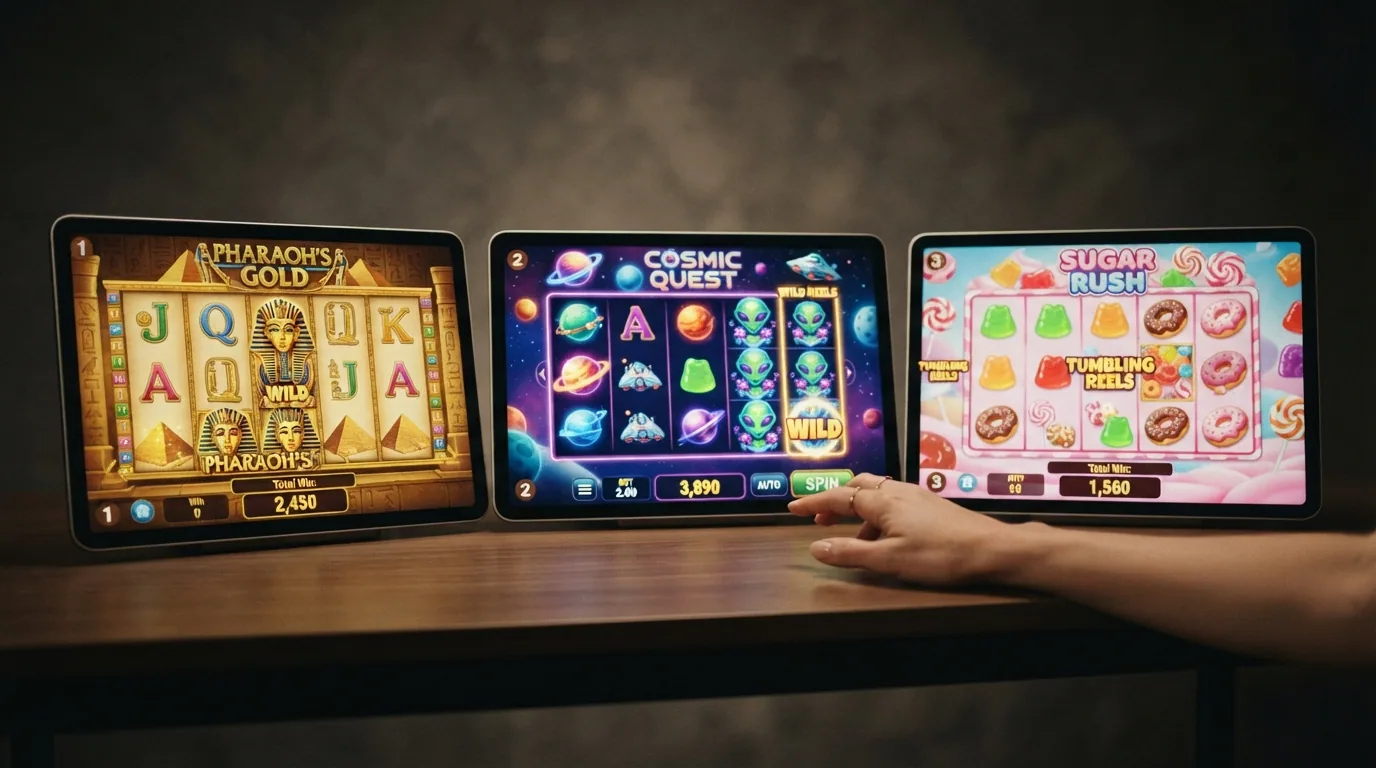 Drei Spielautomaten-Screenshots nebeneinander: Book of Dead, Starburst und Sweet Bonanza