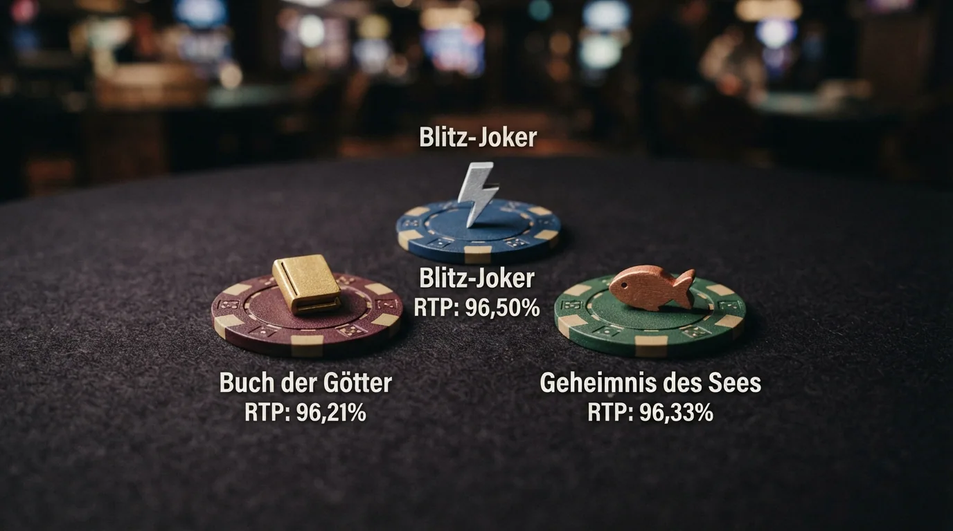 Drei Slot-Symbole — ein Totenbuch, ein Blitz und ein Fisch — mit Prozentangaben daneben