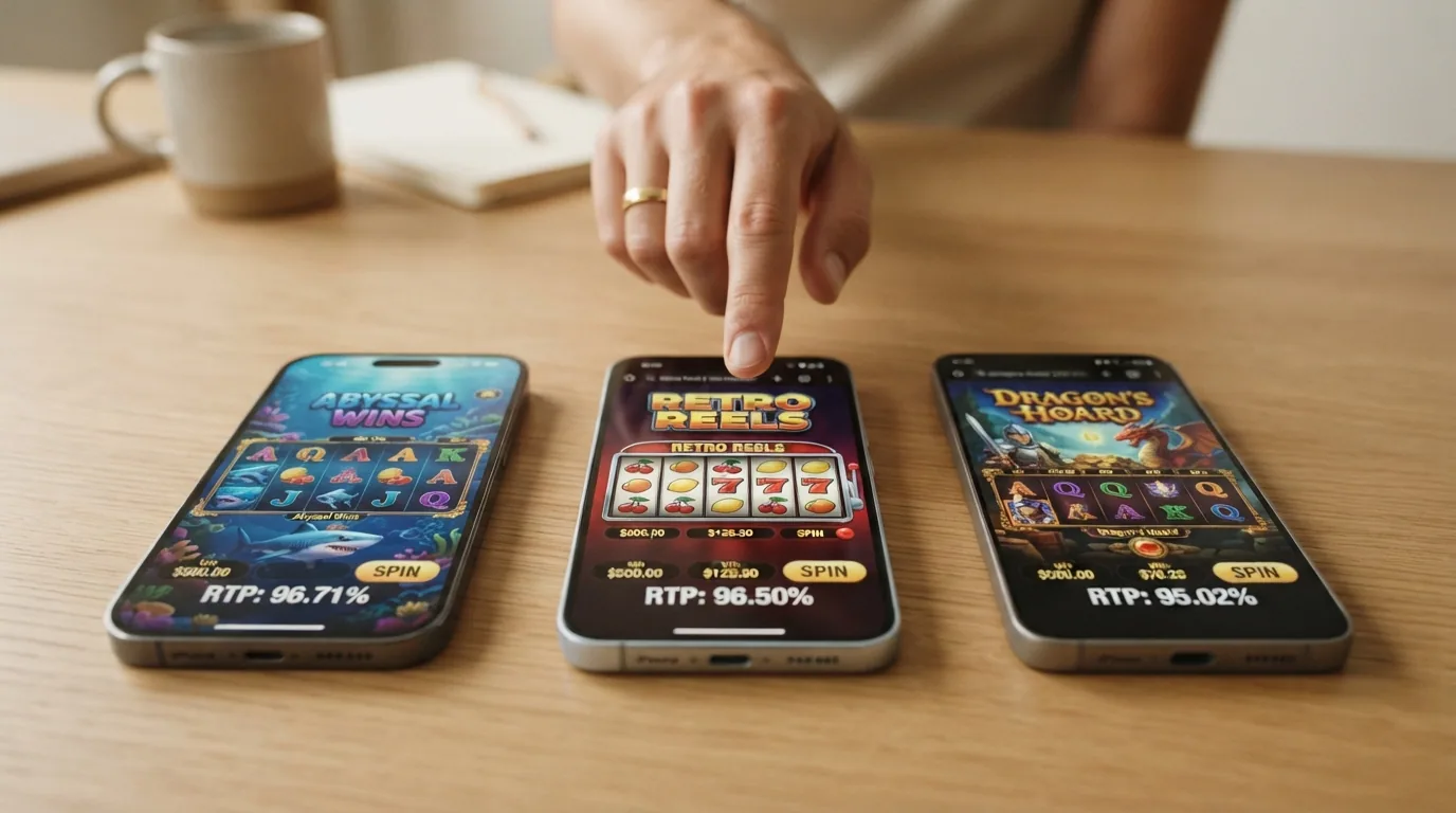 Sicht auf die Walzen dreier verschiedener Online-Slots mit eingeblendeten RTP-Prozentwerten