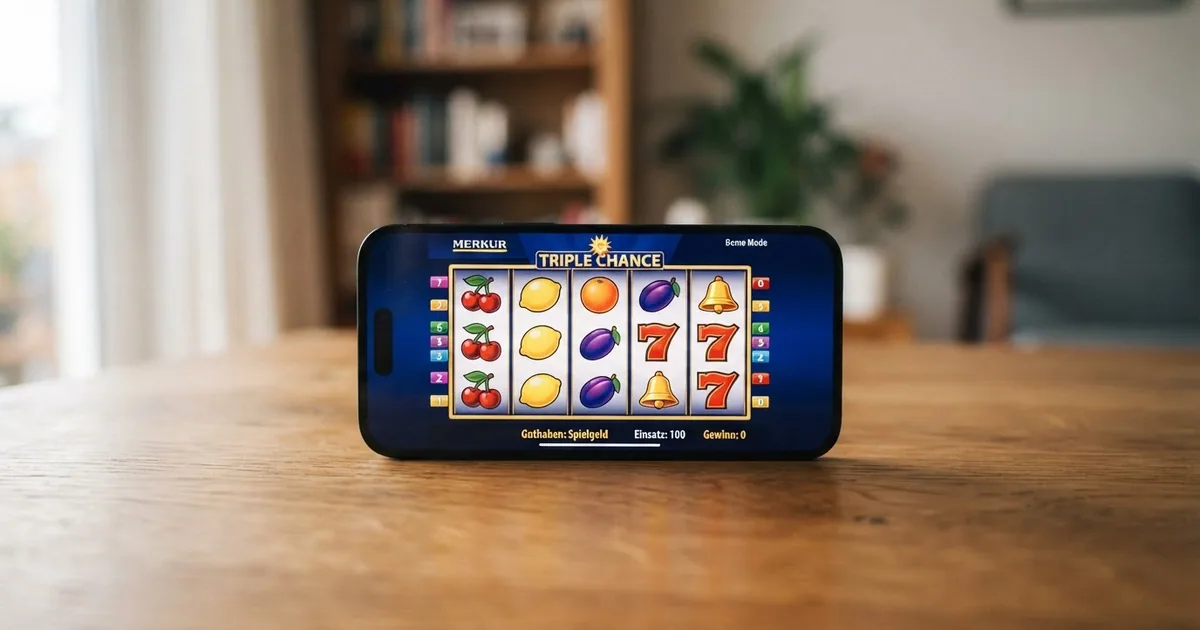 Bildschirm mit einem Merkur Spielautomaten im Demo-Modus, Walzen mit Früchtesymbolen, daneben der Hinweis «Guthaben: Spielgeld»
