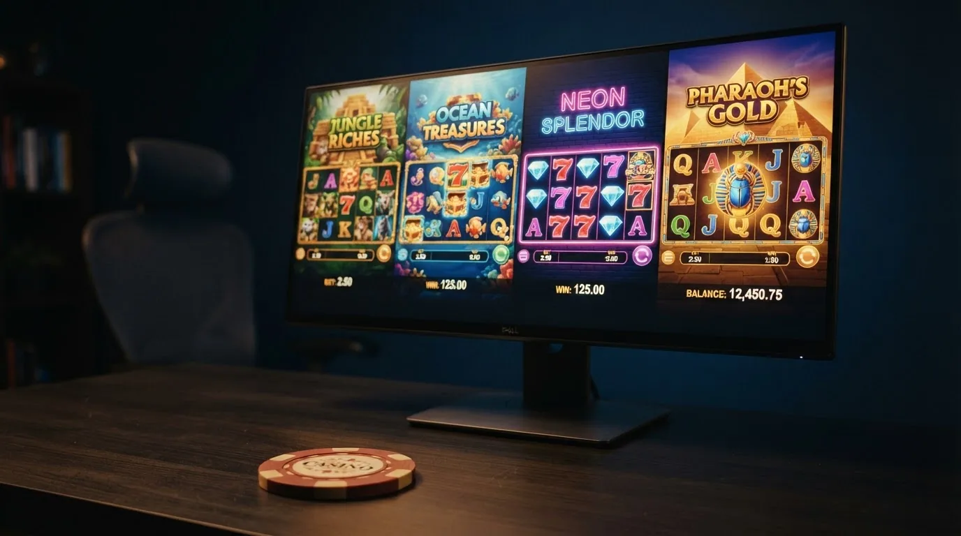 Eine bunte Auswahl an Slot-Spielen auf einem Desktop-Bildschirm, darunter Book of Dead und Starburst