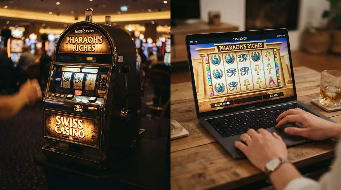 Ein klassischer landbasierter Spielautomat in einem Schweizer Casino links, daneben das gleiche Spiel im Browser auf einem Laptop rechts