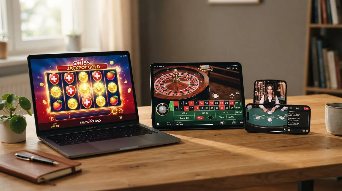 Eine Browser-Fenster-Collage: ein bunter Video-Slot, ein Roulette-Kessel und ein Live-Dealer-Tisch mit sichtbarem Chat, jedes Fenster mit dem Vermerk «HTML5 – kein Download»