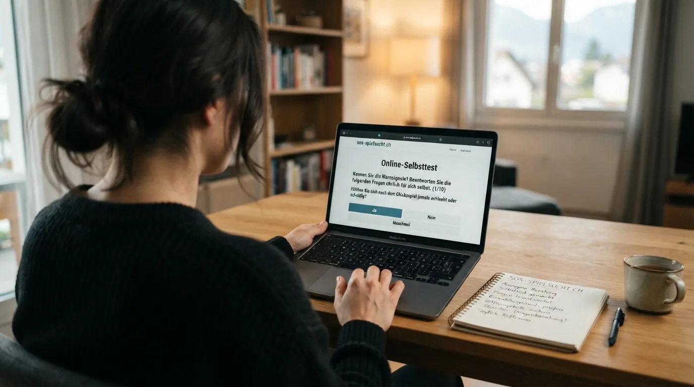 Eine Person am Laptop mit der Website sos-spielsucht.ch und einem geöffneten Selbsttest-Fragebogen