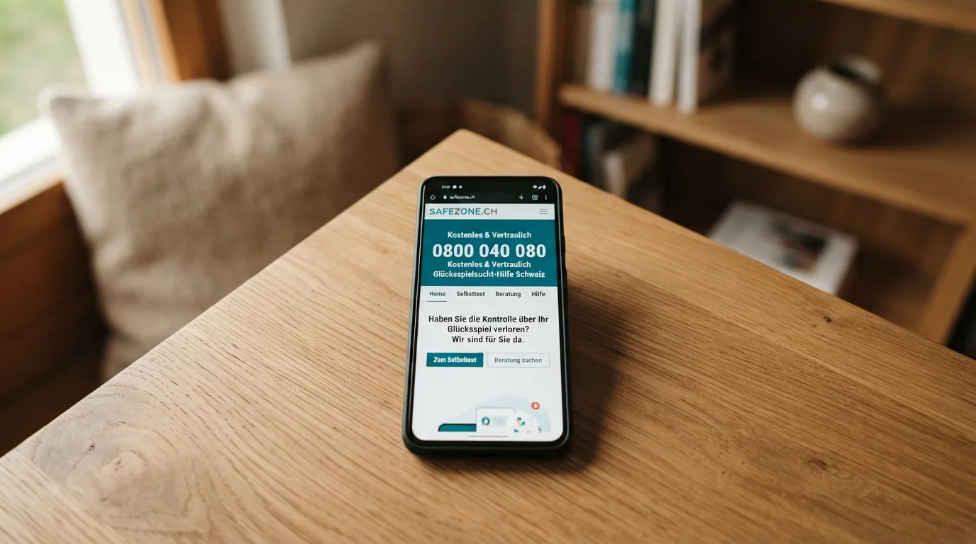 Nahaufnahme eines Smartphones mit geöffneter safezone.ch-Startseite und der Helpline-Nummer 0800 040 080 im Display