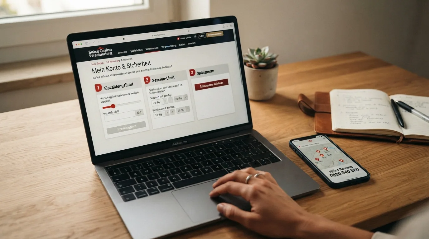 Ein aufgeräumtes Casino-Konto-Menü mit den geöffneten Reitern «Einzahlungslimit», «Session-Limit» und «Spielsperre», daneben eine Schweizer Karte mit markierten Beratungsstellen und der gut lesbaren Telefonnummer 0800 040 080