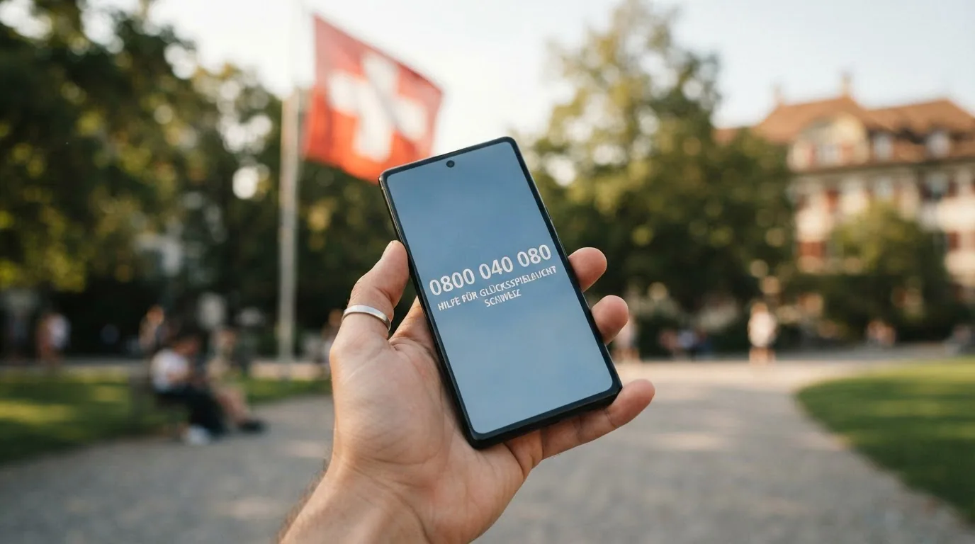 Eine helfende Hand, die ein Smartphone mit einer Notruf-Nummer auf dem Bildschirm hält, im Hintergrund das Schweizer Kreuz