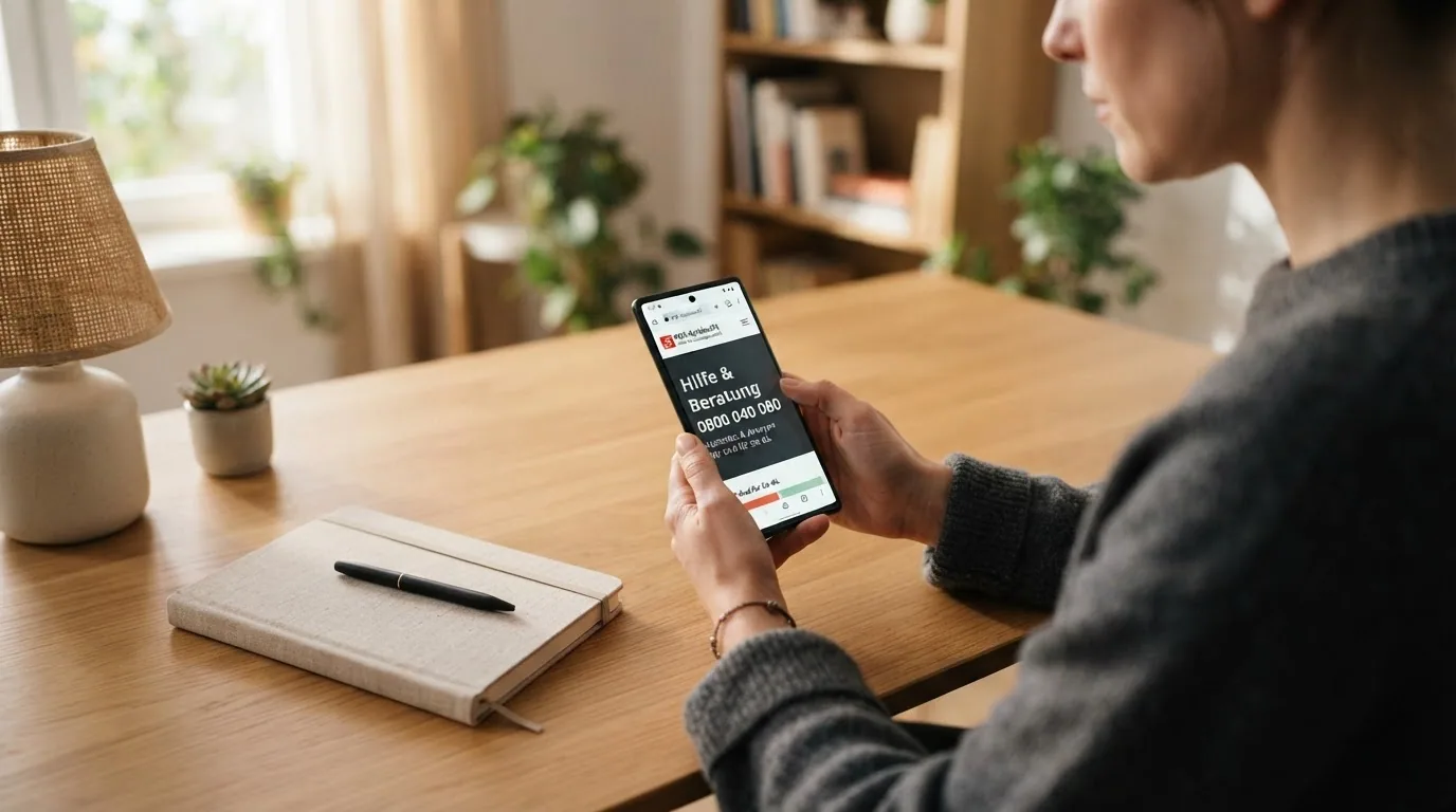 Ein Smartphone zeigt die Webseite sos-spielsucht.ch mit der gut lesbaren Hotline-Nummer 0800 040 080