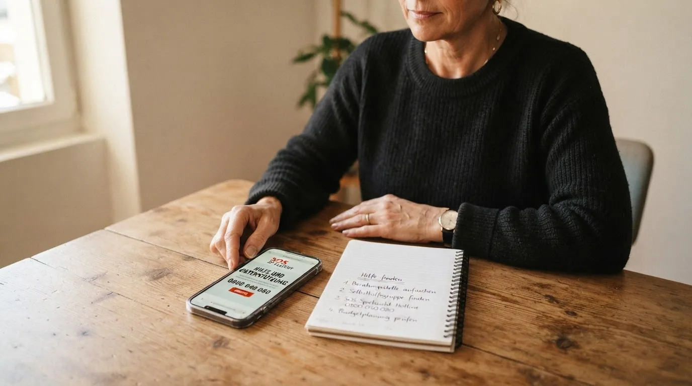 Symbolbild: Hilfstelefon oder Beratungsgespräch mit eingeblendeter Helpline-Nummer 0800 040 080