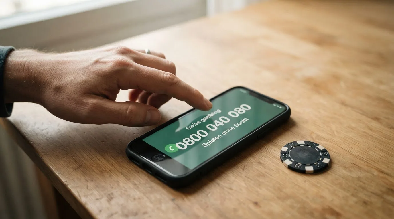 Nahaufnahme eines Telefons mit aufgedruckter Hotline-Nummer 0800 040 080 und dem Schriftzug «Spielen ohne Sucht»