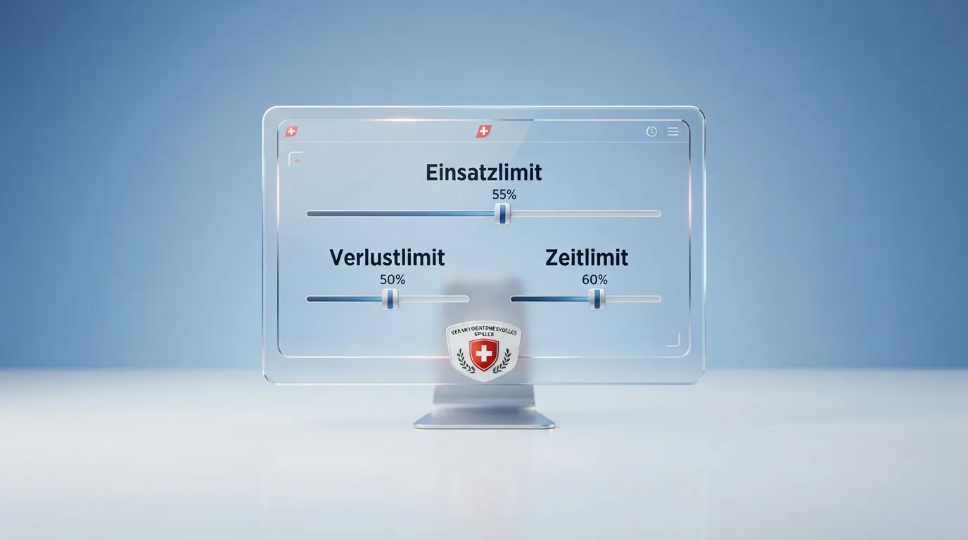 Ein Dashboard mit einstellbaren Limits (Einsatz, Verlust, Zeit) und dem SOS-Spielsucht-Logo