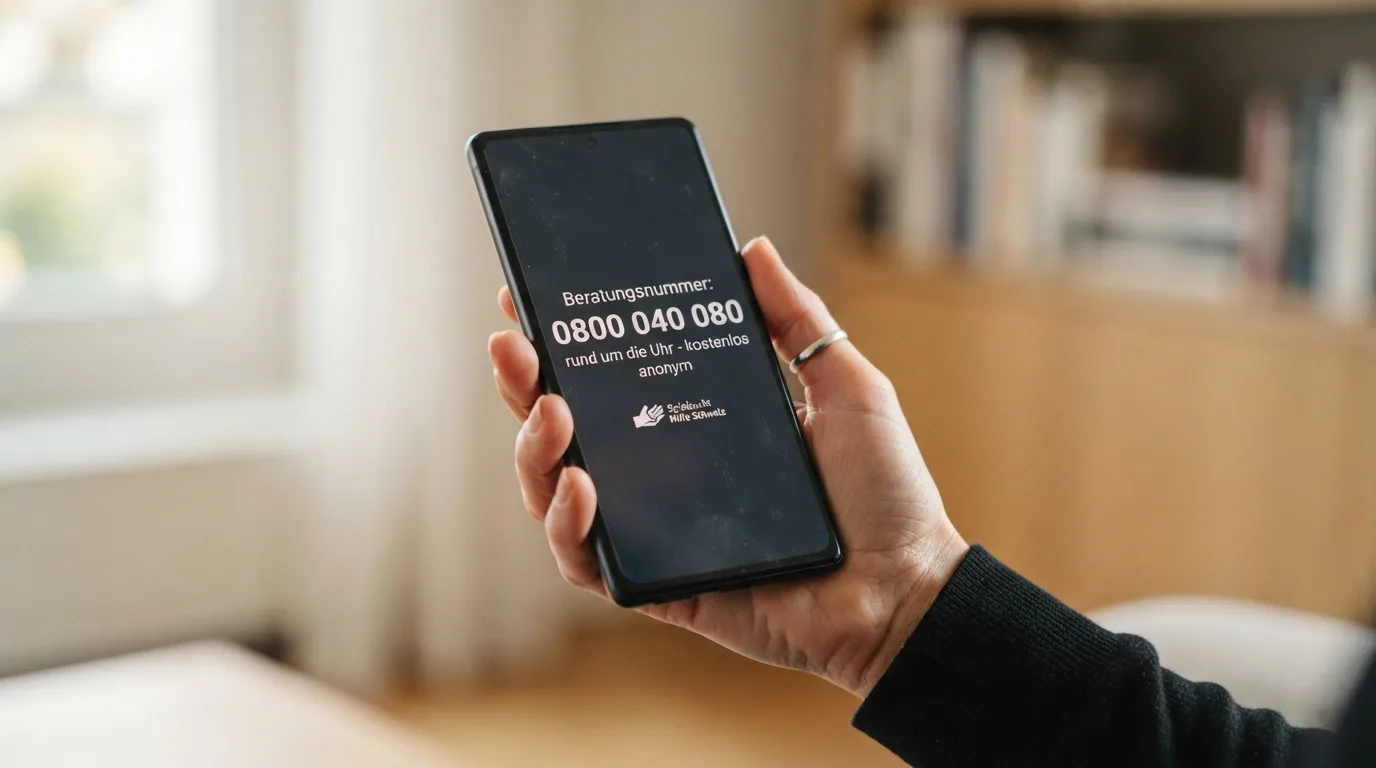 Eine helfende Hand, die ein Smartphone hält, auf dessen Bildschirm die Nummer 0800 040 080 und das Wort «anonym» leuchten
