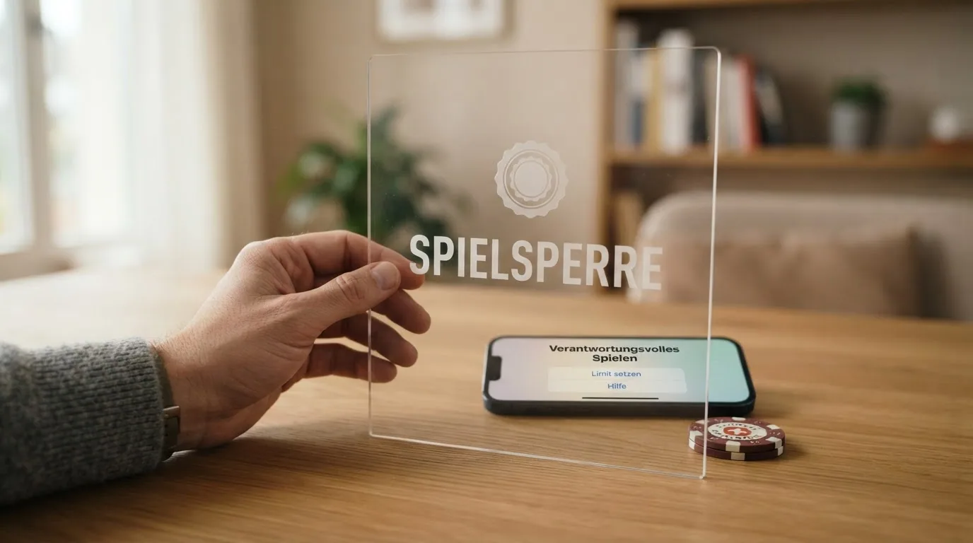Stilisierte Darstellung einer Schutzwand mit Schloss-Symbol, dem SOS-Spielsucht-Logo und einer Helpline-Nummer