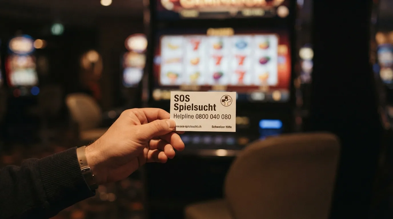Eine helfende Hand hält eine Karte mit der Aufschrift «Helpline 0800 040 080» und dem Logo von SoS Spielsucht, im Hintergrund ein gedimmter Casino-Bildschirm