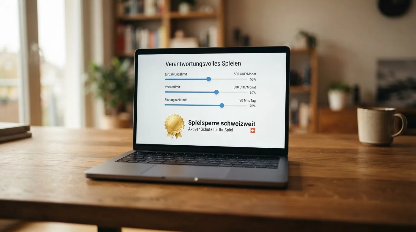 Bildschirm mit Einstellungen für Einzahlungslimit, Verlustlimit und Sitzungszeitlimit, darunter das Logo von SOS Spielsucht und der Hinweis «Spielsperre schweizweit»