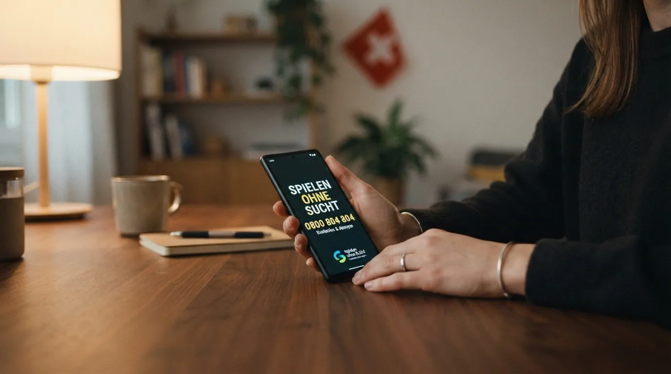 Das Logo von «Spielen ohne Sucht» mit der 24h-Helpline-Nummer daneben, eingebettet in ein beruhigendes Design mit dem Slogan «Kostenlos und anonym»