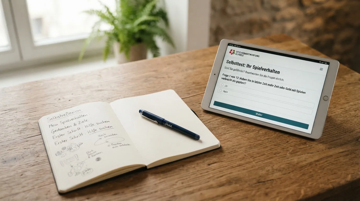Beruhigte Szene: Ein Schreibtisch mit aufgeschlagenem Notizbuch, Stift und einem Tablet mit geöffneter Selbsttest-Seite, warmes Licht