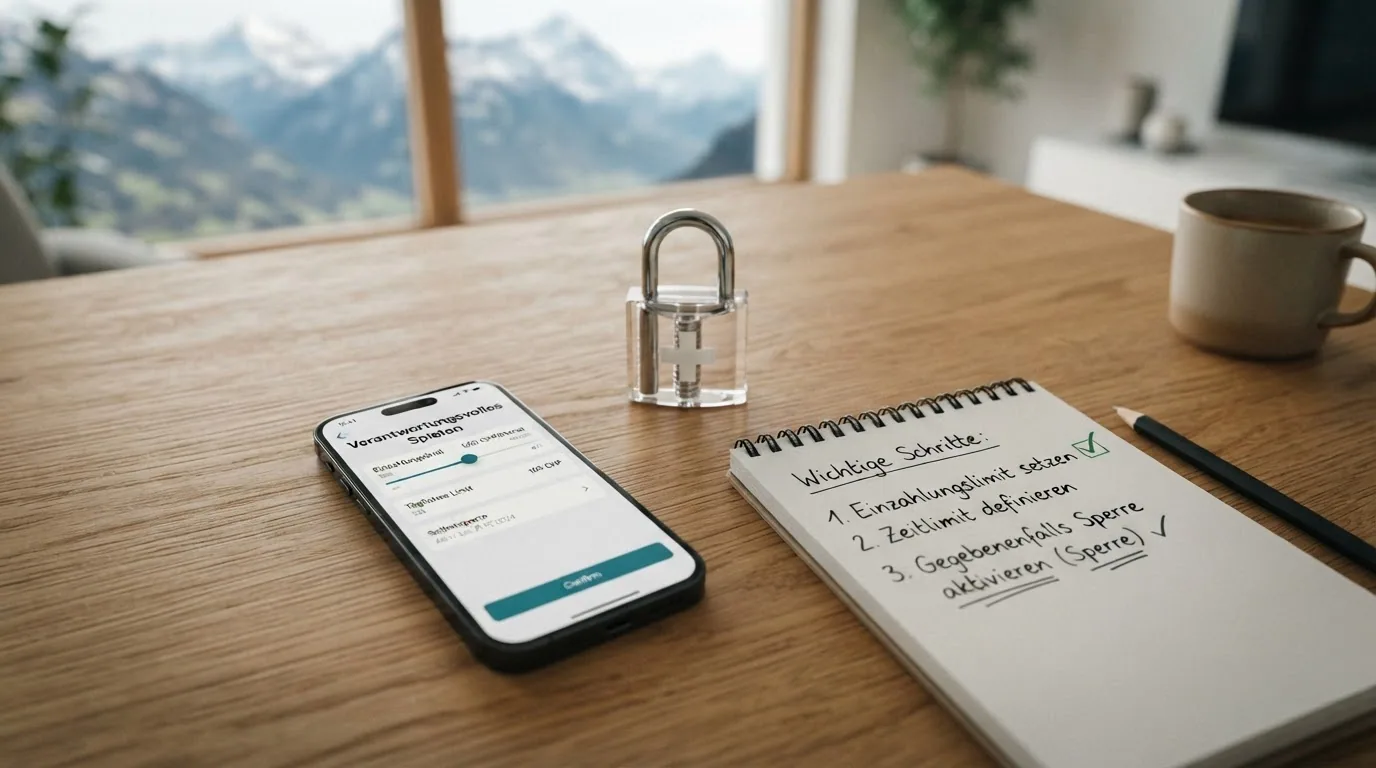 Symbolbild aus drei Elementen: Limit-Regler, Vorhängeschloss mit Schweizerkreuz und Notruf-Telefon