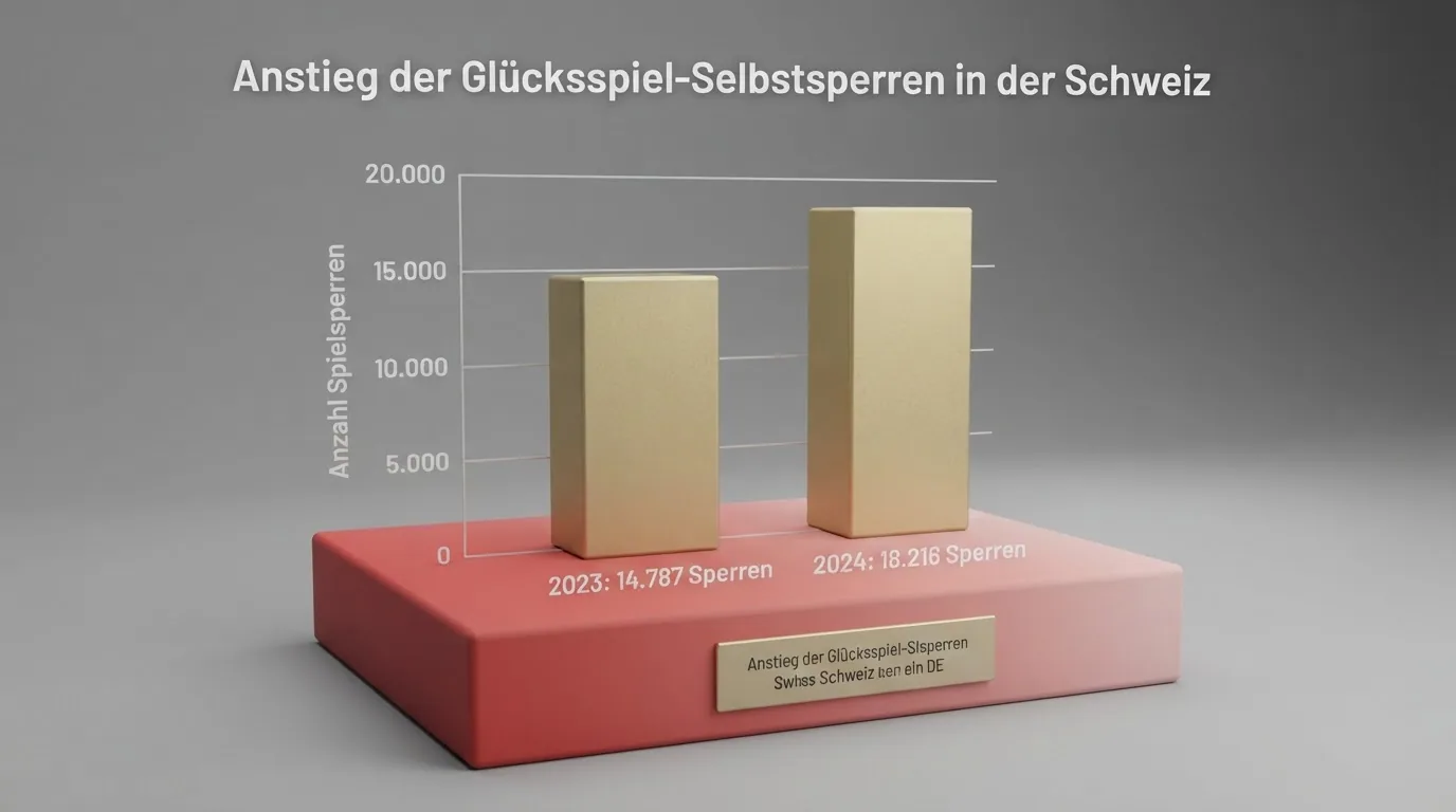 Infografik: 18'216 neue Spielsperren 2024, +23 % gegenüber Vorjahr, aufgeteilt nach freiwilligen Sperren und Sperren wegen fehlender Finanznachweise