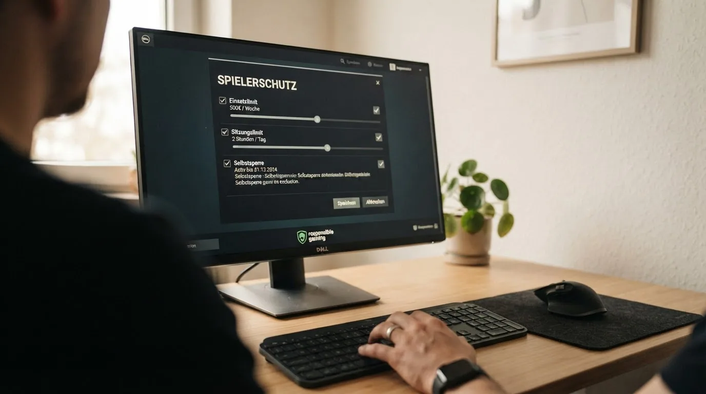 Ein Einstellungsmenü mit Einsatzlimit, Sitzungslimit und Selbstsperre-Option auf einem Bildschirm