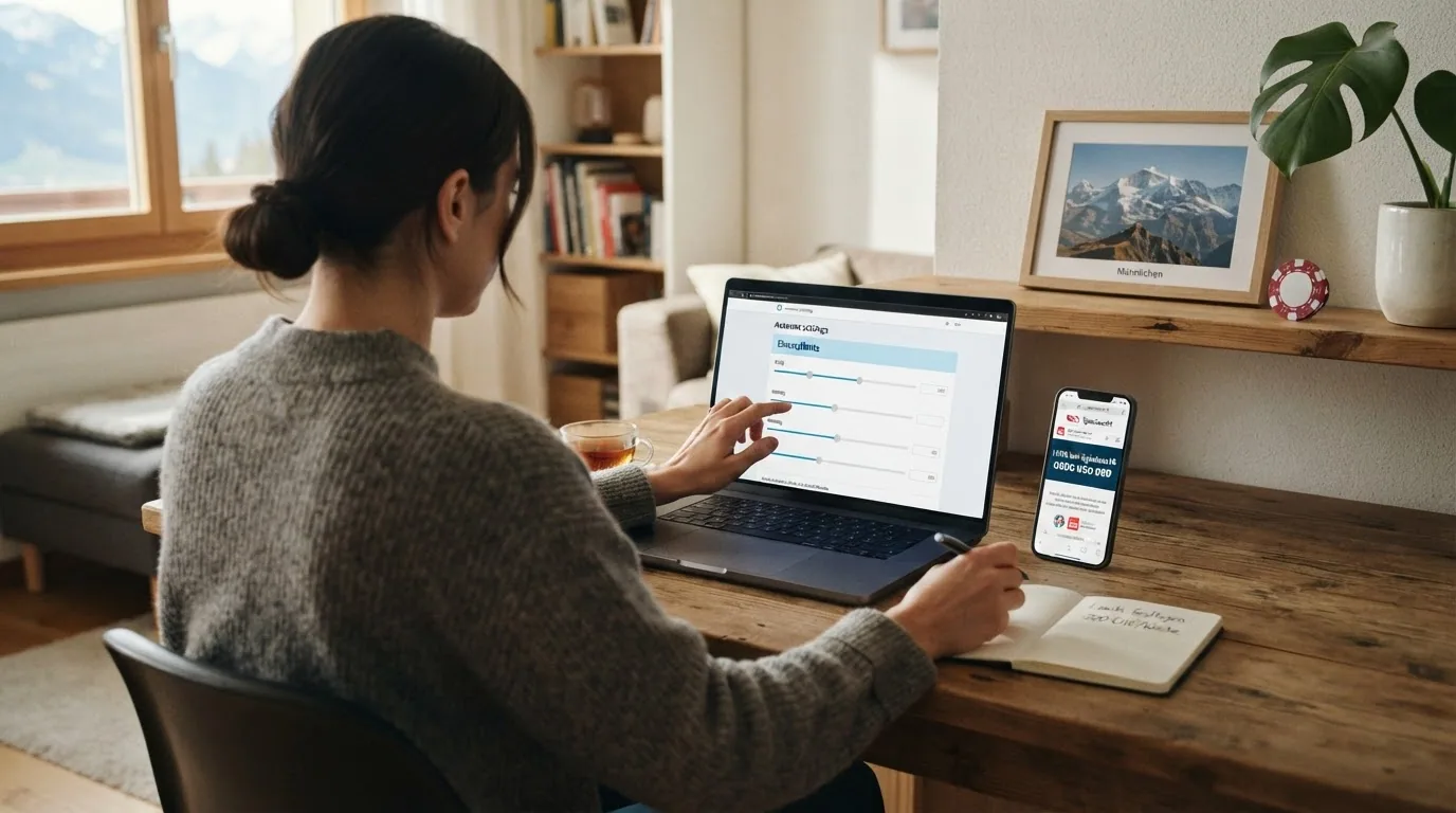 Eine Person stellt an einem Laptop persönliche Einsatzlimits in den Kontoeinstellungen eines Online-Casinos ein, daneben liegt ein Smartphone mit der geöffneten sos-spielsucht.ch-Seite