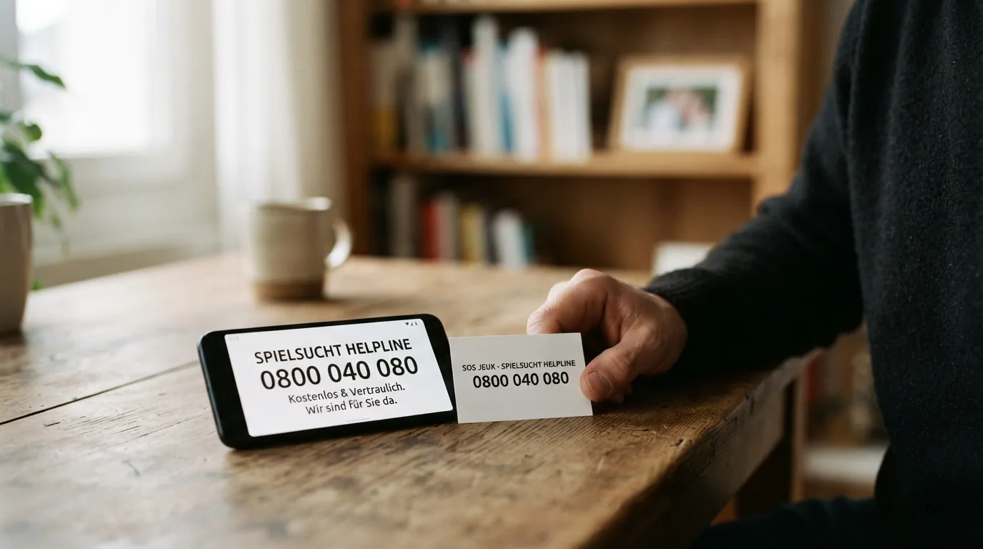 Stimmungsbild: Eine Person legt das Smartphone zur Seite, daneben eine Visitenkarte mit der Helpline-Nummer 0800 040 080