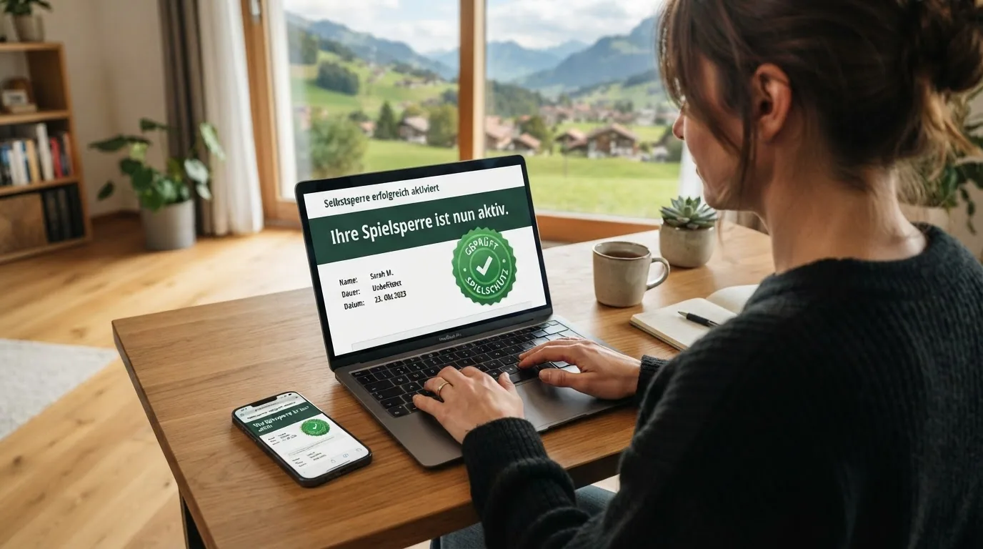 Ein Sperrbildschirm mit der Aufschrift «Spielsperre aktiv» und daneben das Logo der Helpline 0800 040 080