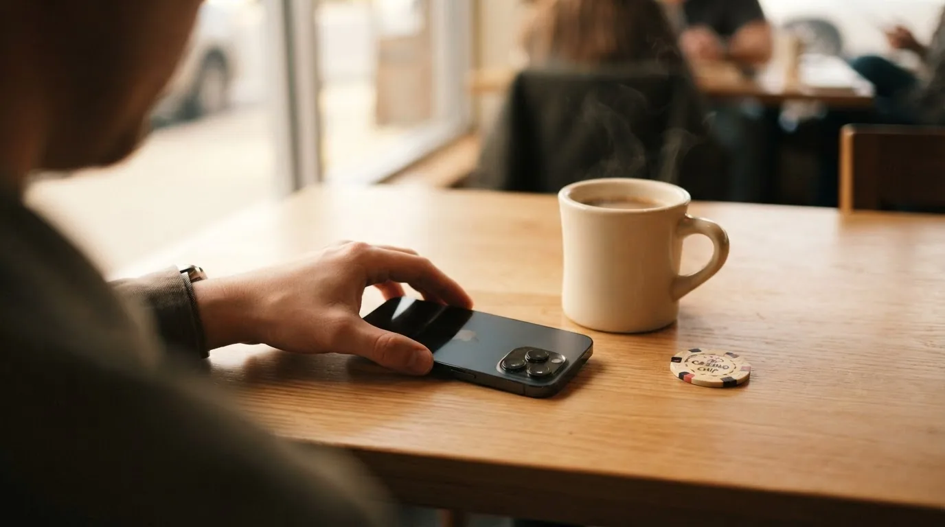 Eine Person legt das Smartphone bewusst mit dem Display nach unten auf einen Tisch, daneben eine Tasse Kaffee