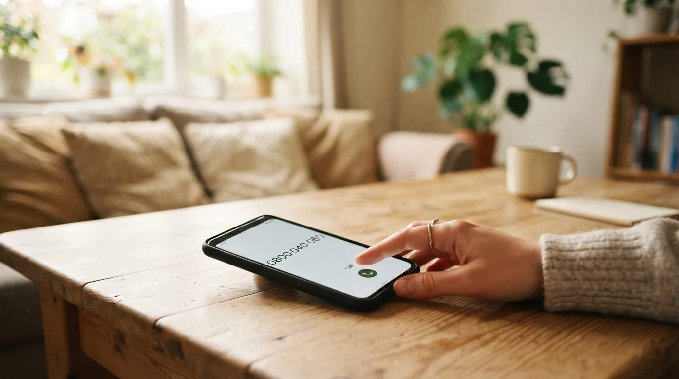 Nahaufnahme eines Smartphones mit der eingetippten Nummer 0800 040 080 auf dem Display