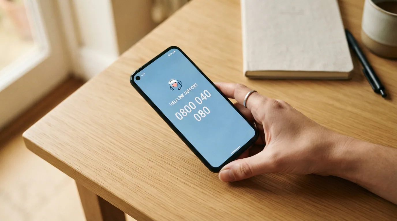 Eine hilfesuchende Hand am Smartphone mit der Nummer 0800 040 080 und dem Schriftzug «kostenlos und anonym»