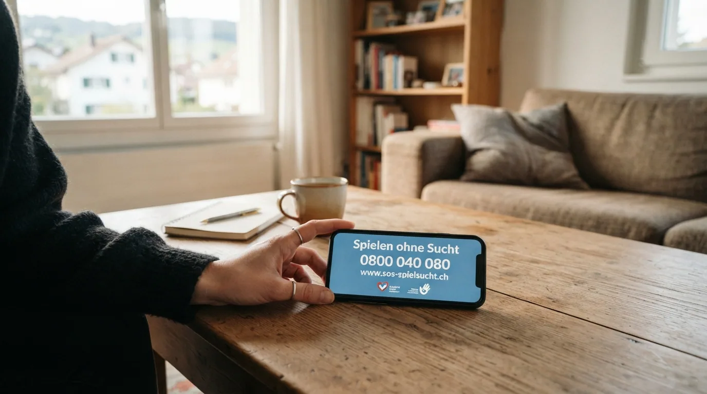 Bildschirm mit der Hotline-Nummer 0800 040 080 und dem Logo von «Spielen ohne Sucht»