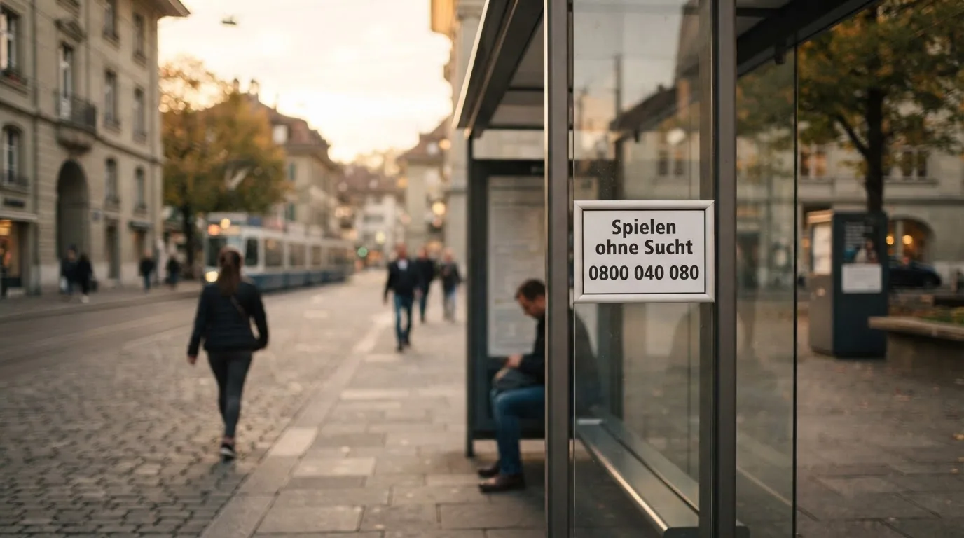 Ein diskretes Hinweisschild mit der Aufschrift «Spielen ohne Sucht – 0800 040 080» an einer Bushaltestelle in einer Schweizer Stadt