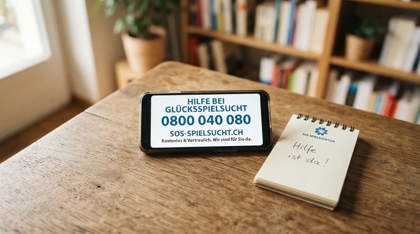 Ein Smartphone mit der Nummer der Helpline 0800 040 080 auf dem Bildschirm, daneben das Logo von sos-spielsucht.ch