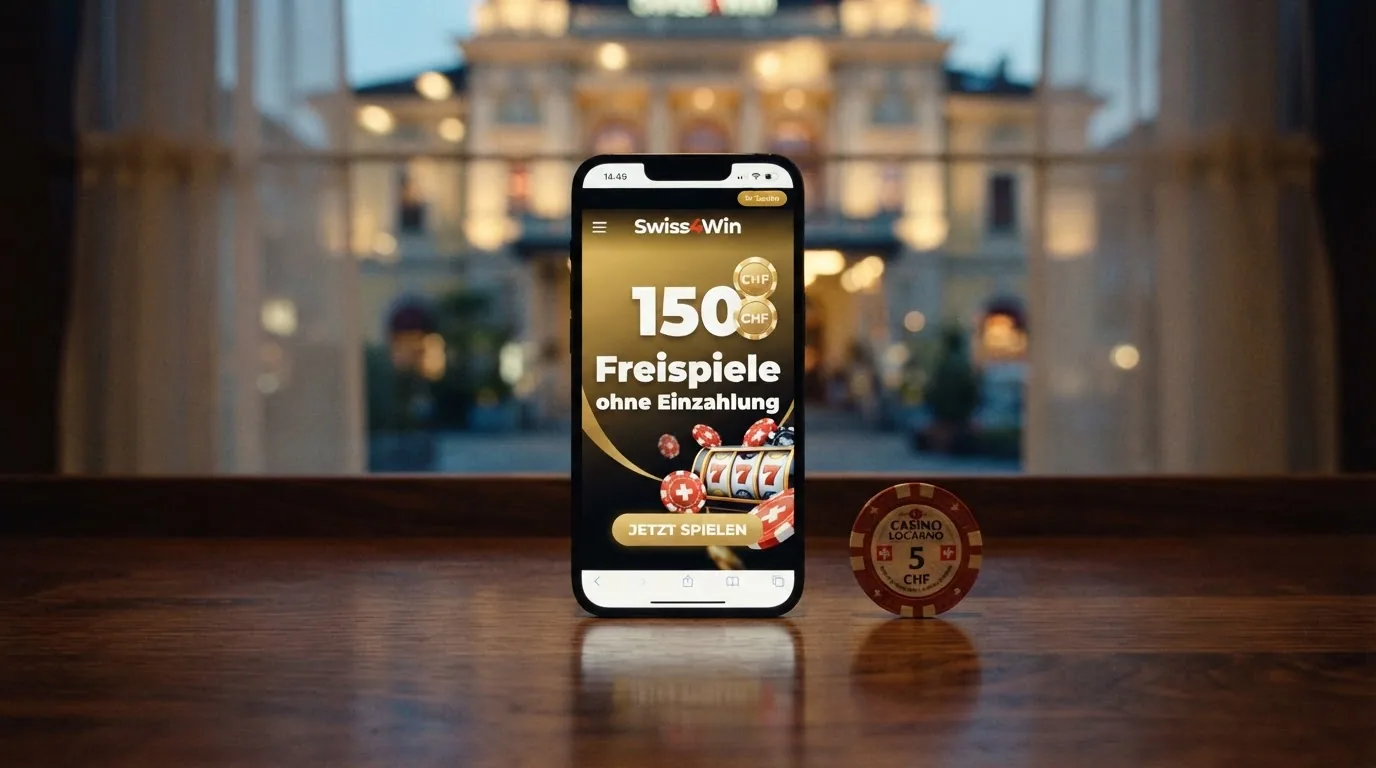 Swiss4Win-Logo mit dem Claim «150 Freispiele ohne Einzahlung» auf einem Smartphone-Display vor Casino-Locarno-Hintergrund