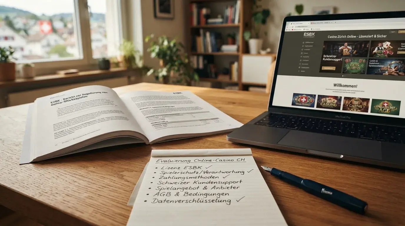 Ein Schreibtisch mit aufgeschlagenem ESBK-Bericht, einem Laptop mit Casino-Website und einer Checkliste
