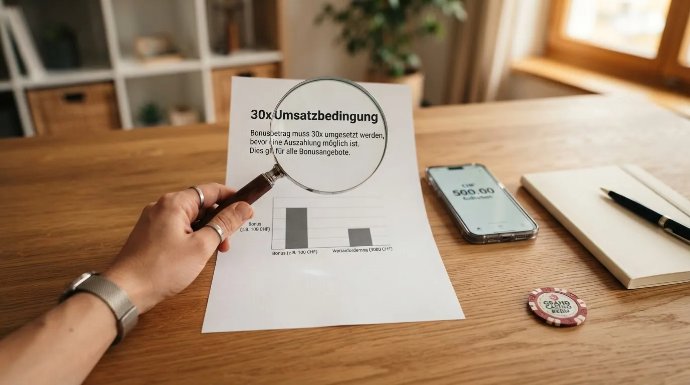 Vergrösserungsglas über einem Kleingedruckten-Dokument, das die Wörter «30x Umsatzbedingung» und «Bonusguthaben» hervorhebt