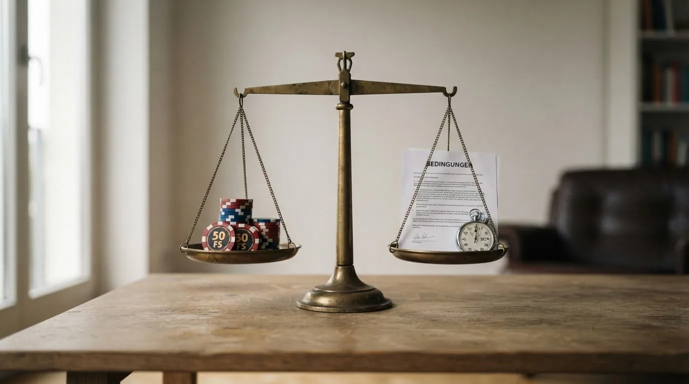 Stilisierte Waage: Auf der einen Schale liegen Spielchips mit der Aufschrift «50 FS», auf der anderen ein Vertragsdokument mit «Bedingungen» und eine Stoppuhr