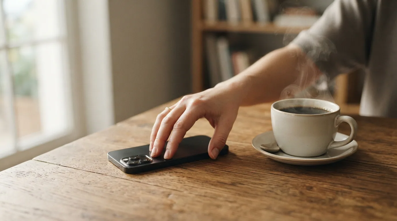 Eine ruhige Szene: Eine Hand legt das Smartphone beiseite, daneben eine Tasse Kaffee